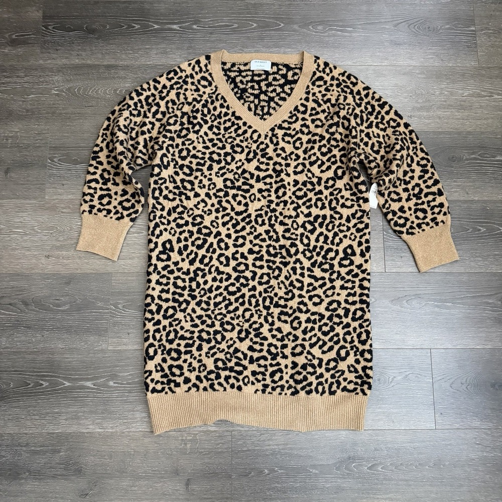 Old Navy Sweater Dress Womens XL Brown Leopard Print V-Neck Cozy Glam Chic NWT